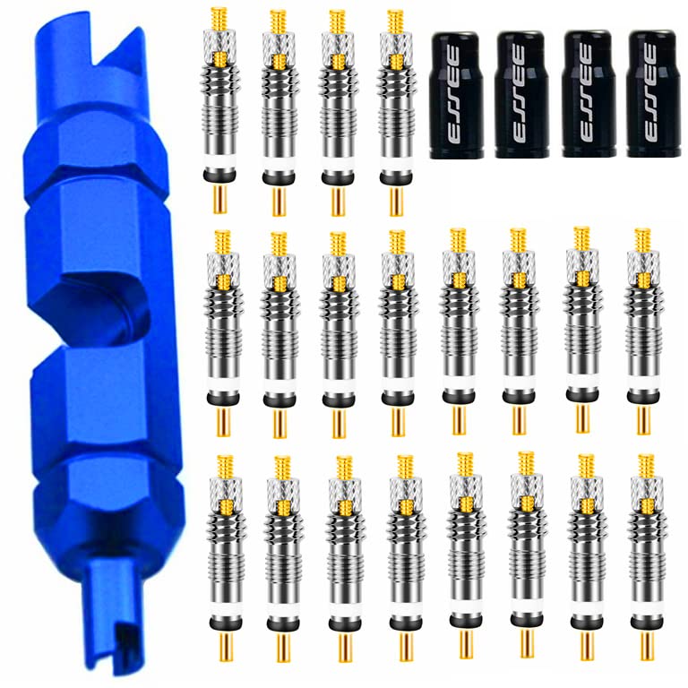 Aracey 20 Pieces Presta Valve Core 4 Pieces Alloy Presta Valve Caps with Alloy Valve Core Remover Tool for Tubeless Road MTB Bike, Stan's, Vittoria, Continental, Kenda and More - Image 1